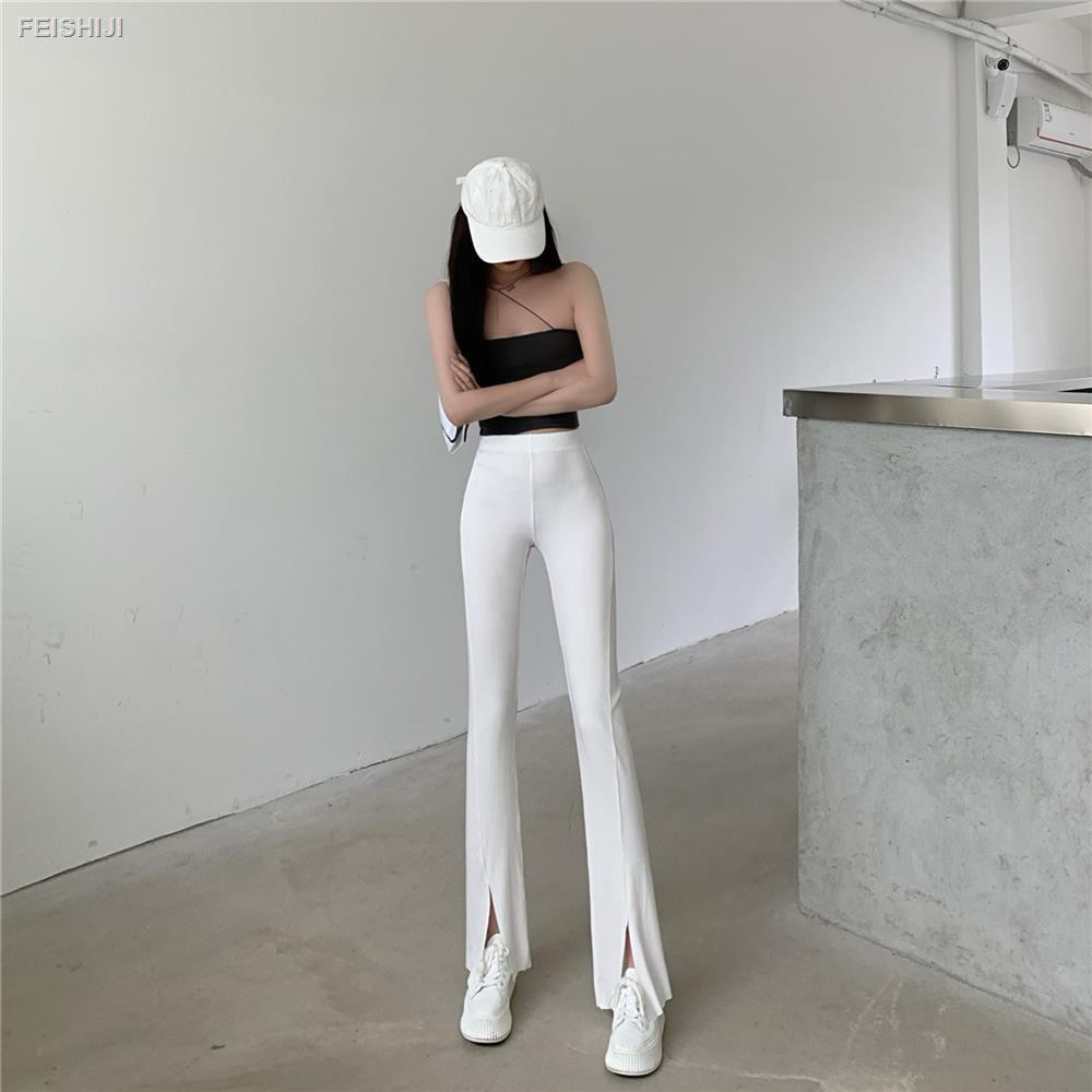 ◑2021 summer new style fashion all-match high waist drape front slit micro flared thin wide-leg trousers women s trend