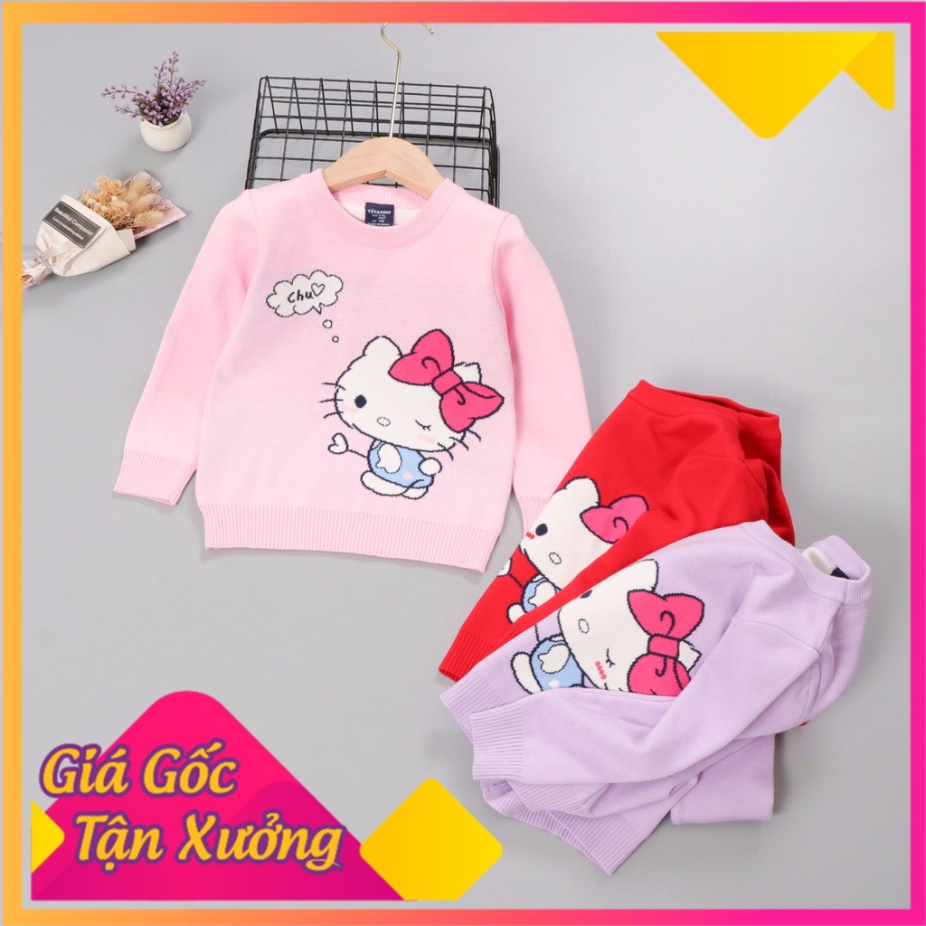 Áo ấm cho bé gái 3-9 tuổi 2 lớp hình kitty nhiều màu, Áo len trẻ em xuất Hàn đanh sợi không bai xù