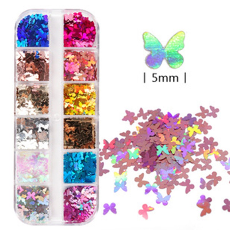 [Hàng mới về] Hộp sequin đính móng trang trí nghệ thuật hình bướm hiệu ứng màu holographic chia 12 ô DIY