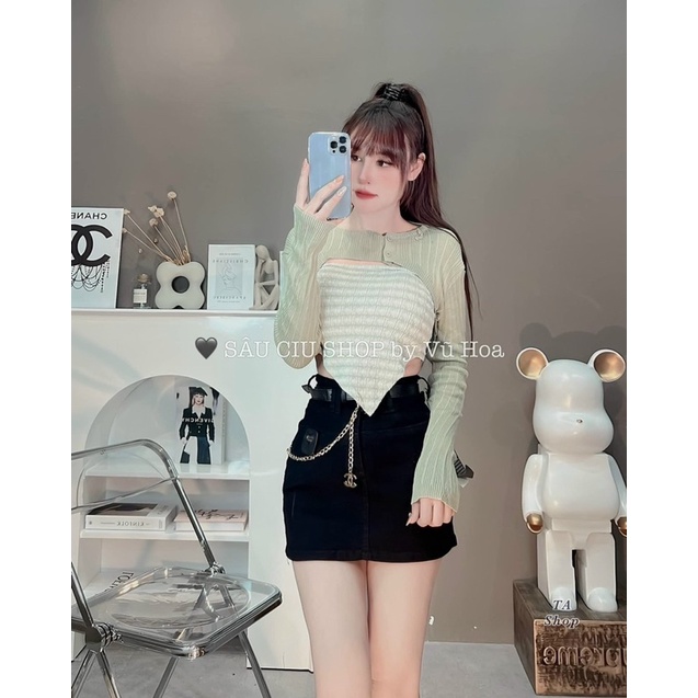 Áo len cặp hai chi tiết gồm áo hai dây kẻ mix áo cadigan choàng ngắn 327