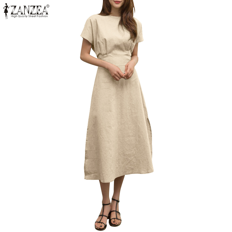 Đầm Dài ZANZEA Tay Ngắn Cổ Tròn Màu Trơn Có Dây Cột Và Khóa Kéo Phía Sau Dành Cho Nữ
