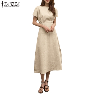 Đầm Dài ZANZEA Tay Ngắn Cổ Tròn Màu Trơn Có Dây Cột Và Khóa Kéo Phía Sau Dành Cho Nữ