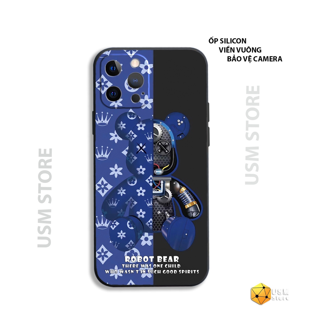 Ốp lưng iphone 6/6s/6 Plus/7 Plus/8 Plus/X/XR/XS/XSmax, viền vuông bảo vệ camera, in hình gấu Bear