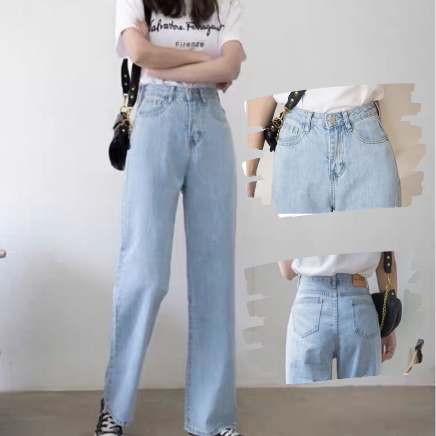 Quần jeans ống rộng cạp cao 2 túi mặt trước Ulzzang HeyBig,quần bò nữ ống rộng lưng cao vải jean dày đẹp,dáng suông-T12