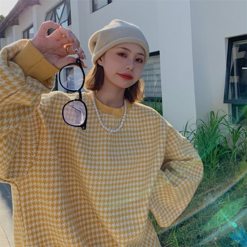 Áo sweater dài vừa họa tiết Houndstooth lót nhung thời trang thu đông phong cách cho nữ