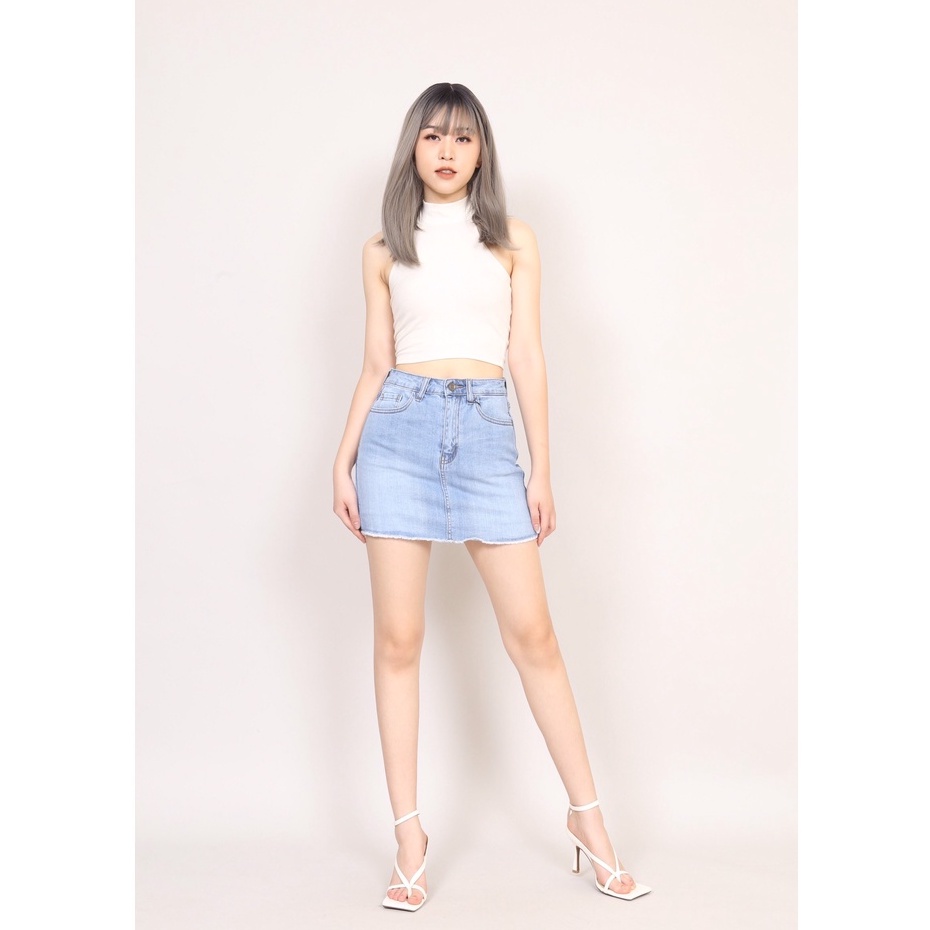 Chân váy Jean chữ  A Trơn cơ bản có quần bên trong co giãn Gấu Tua CT JEANS