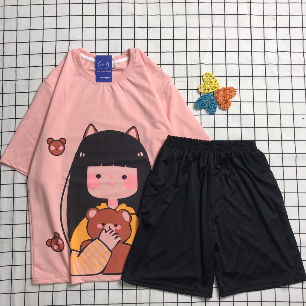 Đồ Bộ Uniex Tay Lỡ Cô Gái Tai Mèo Lapi VN, Đồ Bộ Cartoon, Freesize, Thun Cotton, Nam Nữ Đều Mặc Được