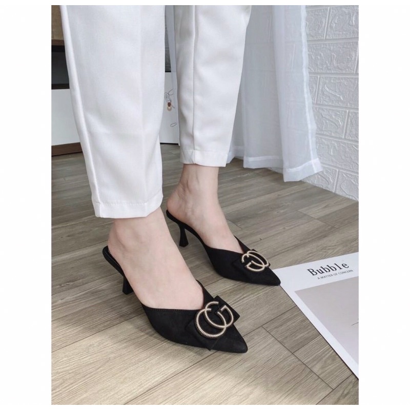 Sục Cao Gót GG Nỉ Nhung Gót Nhọn Mũi Nhọn Cao 7p Lót Êm Chân Rễ Phối Đồ Mã-dd021