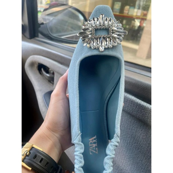 Zara Giày mule denim đế bệt đính đá