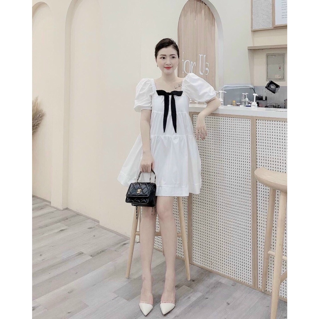 Váy đầm baby doll màu trắng bầu mặc được phối nơ đen phong cách Hàn Quốc Linhnastore