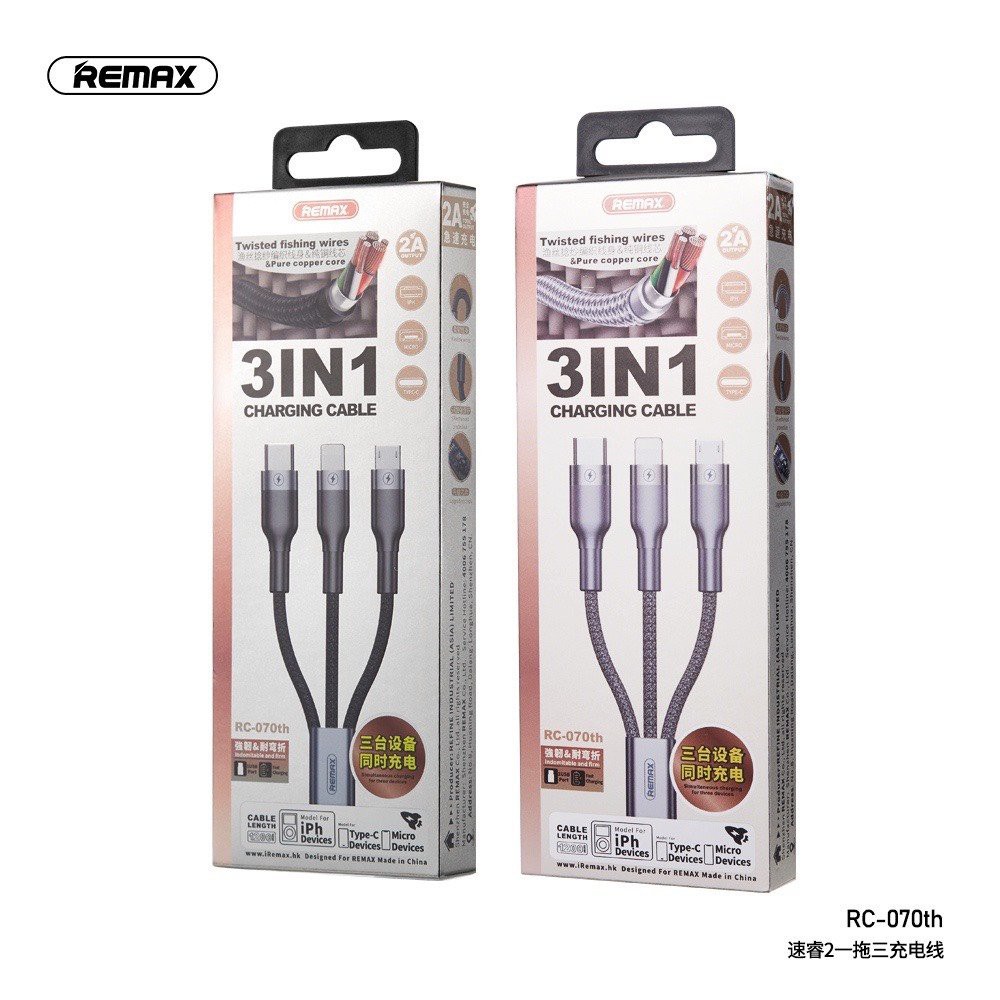 Cáp sạc remax 3 đầu (iphone, micro, type-c) chính hãng