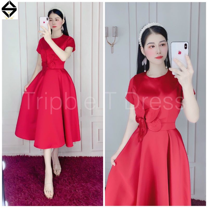 Đầm xoè dự tiệc phối hoa eo thuỷ tiên