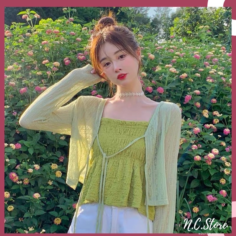 Áo Khoác Cardigan Ren Hoa Sọc Nơ Buộc Cực Xinh