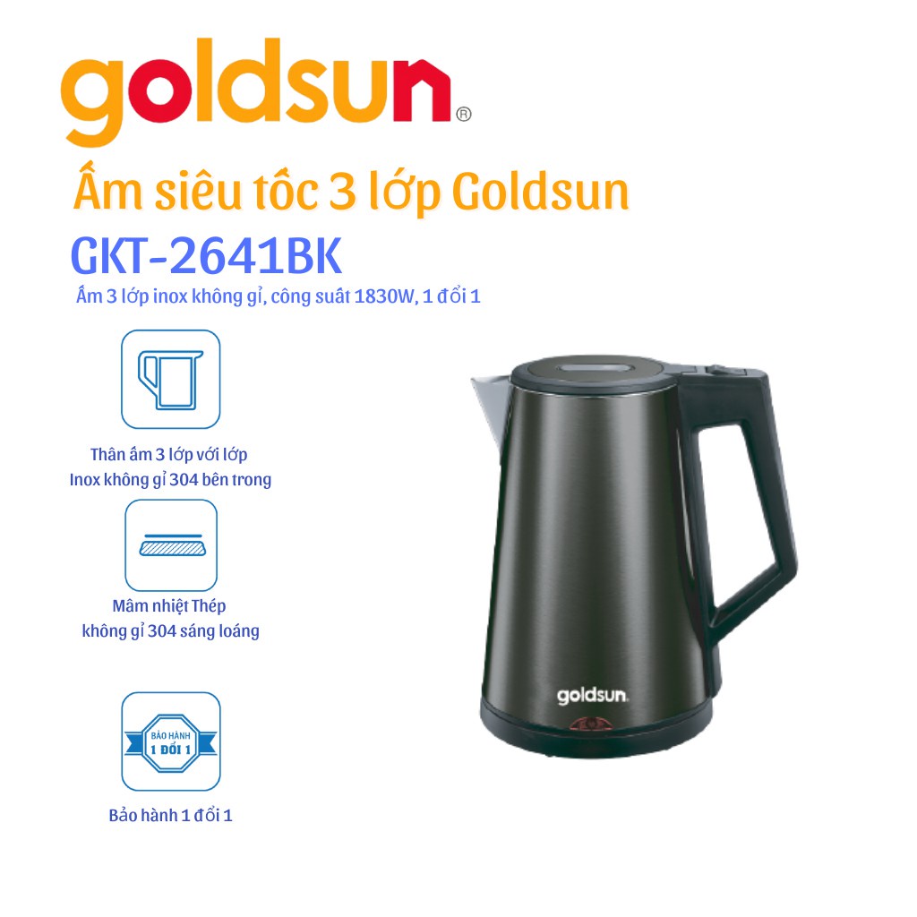 Ấm đun siêu tốc 3 lớp giữ nhiệt 1,7L Goldsun GKT2641BK