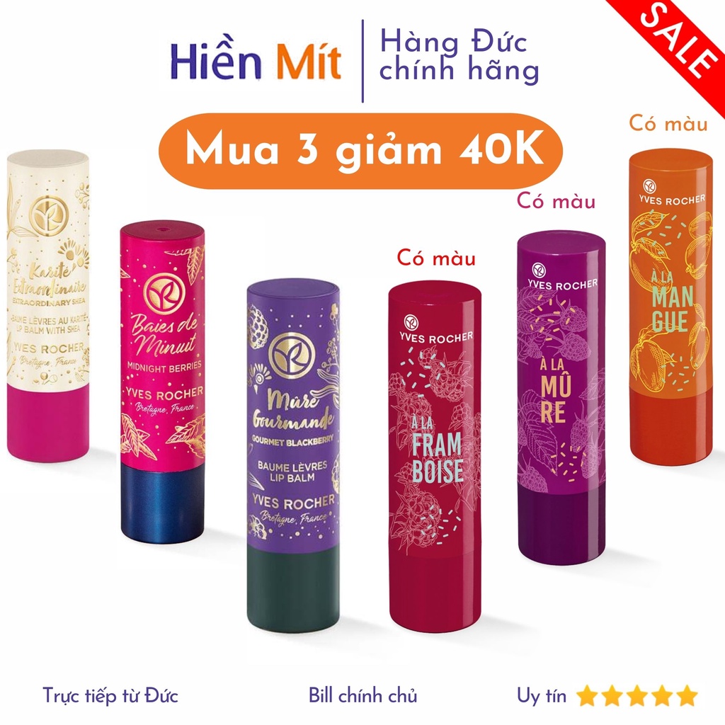 Son dưỡng môi Yves Rocher Nourishing Lip Balm Pháp 4.8g Raspberry Blackberry mâm xôi dâu có không màu chính hãng YRR