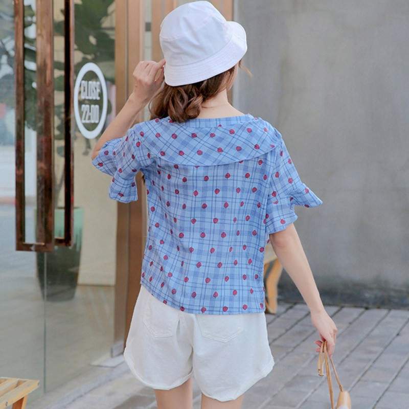 Áo kiểu tay ngắn chất Chiffon hoạ tiết chấm bi thiết kế cổ chữ V nữ tính