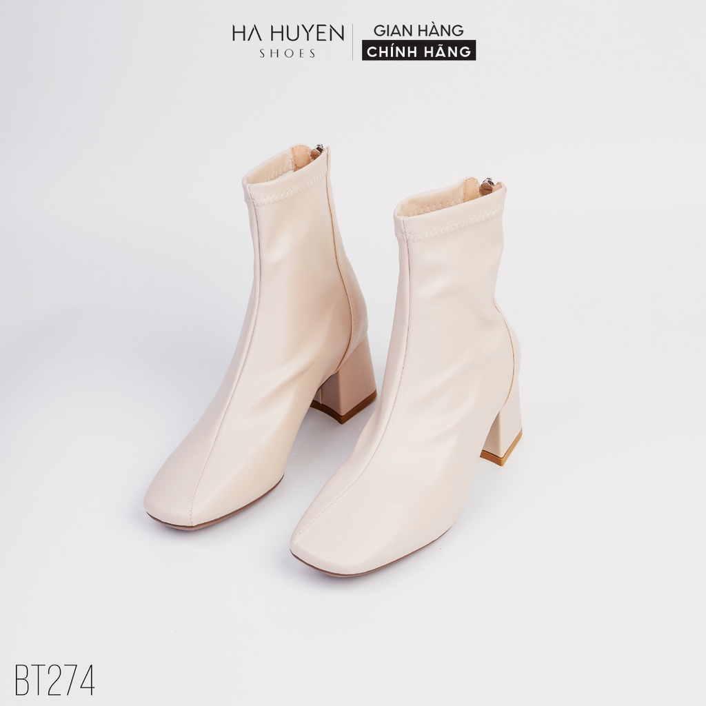 Giày bốt nữ Hà Huyền Shoes boot da lì mũi vuông chỉ lệch khóa sau gót vuông 5 phân - BT274 | WebRaoVat - webraovat.net.vn