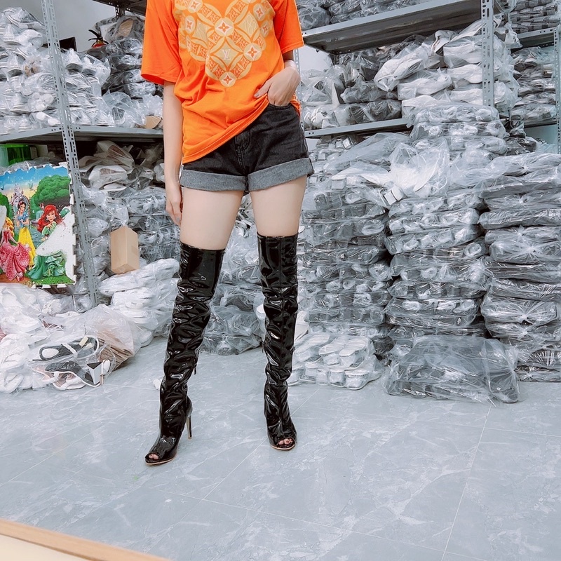 BỐT ĐÙI LISA GÓT NHỌN CAO 10cm HỞ MŨI DA BÓNG