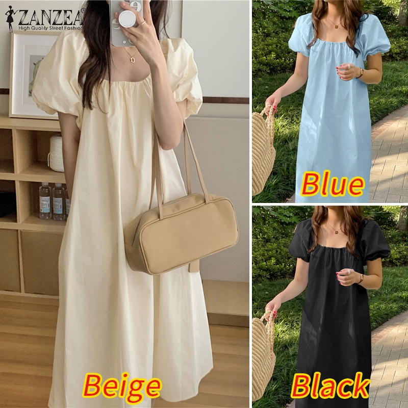 Đầm dài ZANZEA xếp ly cổ vuông tay phồng ngọt ngào phong cách Hàn Quốc cho nữ