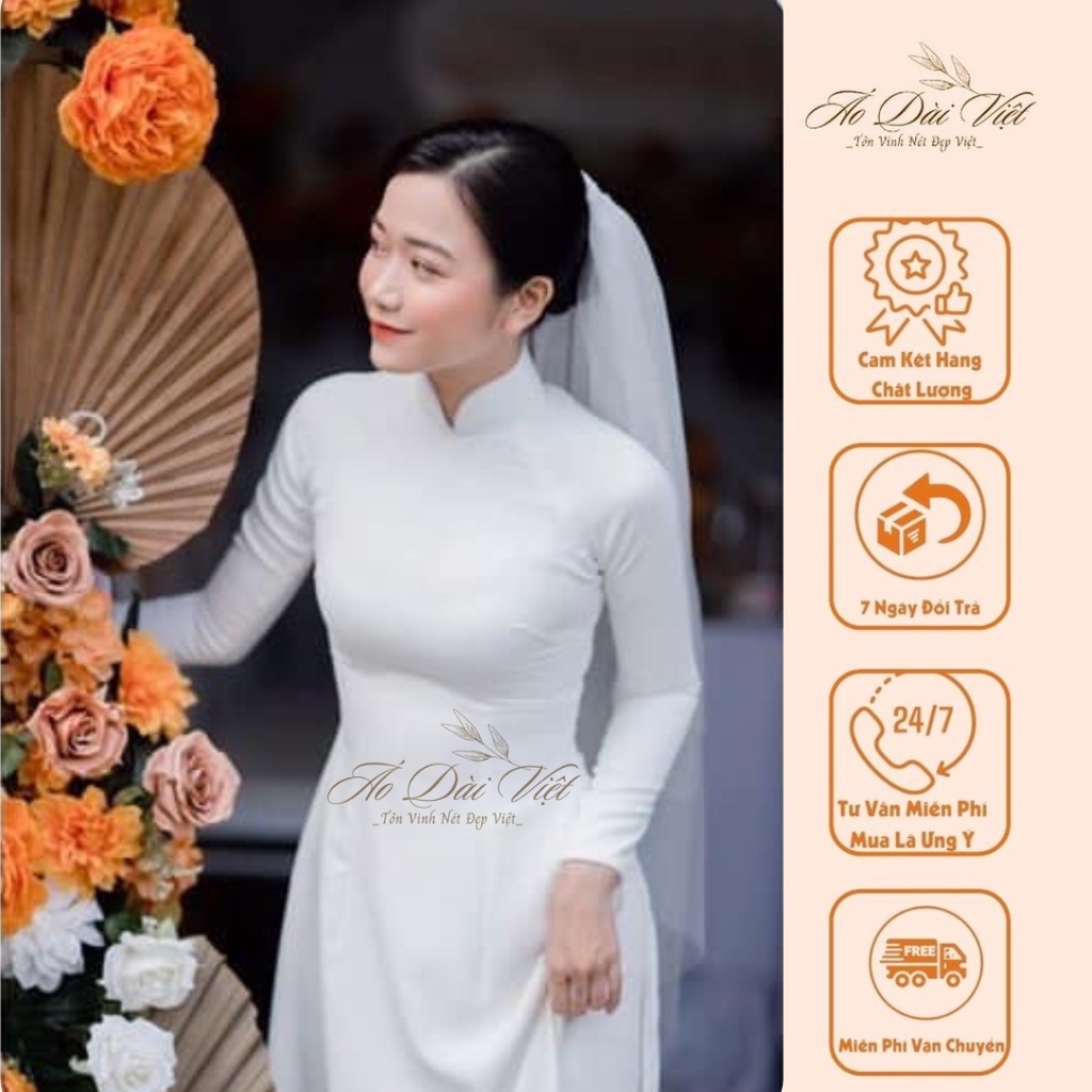 Áo Dài Cô Dâu Trơn 2 Màu Trắng+Đỏ Lụa Mỹ May 4 Tà Đính Kết Hạt Cổ, Tay, Tà Một Thiết Kế By Áo Dài Việt