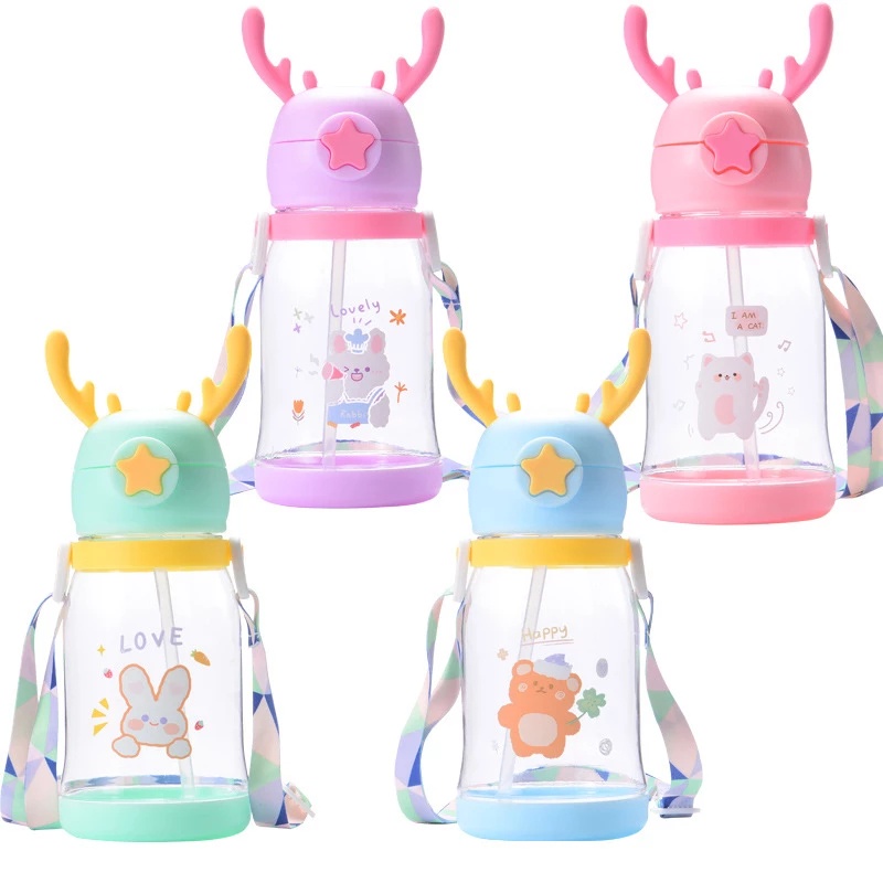 Bình Nước Dung Tích Lớn 600Ml In Họa Tiết Hoạt Hình Có Ống Hút Tiện Dụng Cho Bé