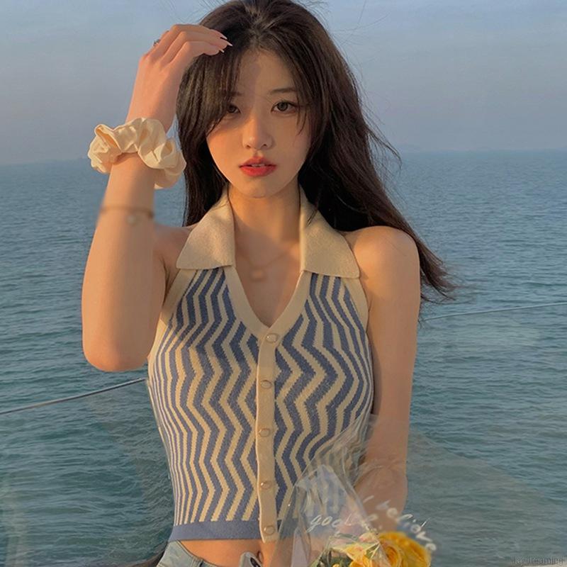 [Mã FAMAYWA giảm 10K đơn 50K] Áo Tank Top Dệt Kim Hoạ Tiết Kẻ Sọc Thiết Kế Cổ Chữ V Quyến Rũ | BigBuy360 - bigbuy360.vn