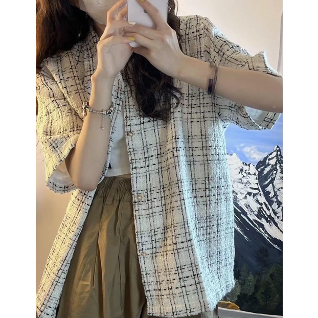 Áo Sơmi Kẻ Siêu Xinh Khoác Bên Ngoài Basic Hàn Quốc