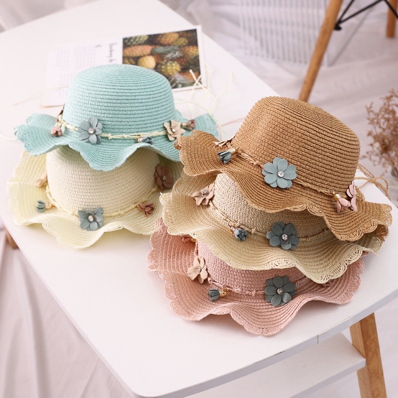 Set mũ cói rộng vành và túi vòng hoa cho bé gái 3-6 tuổi