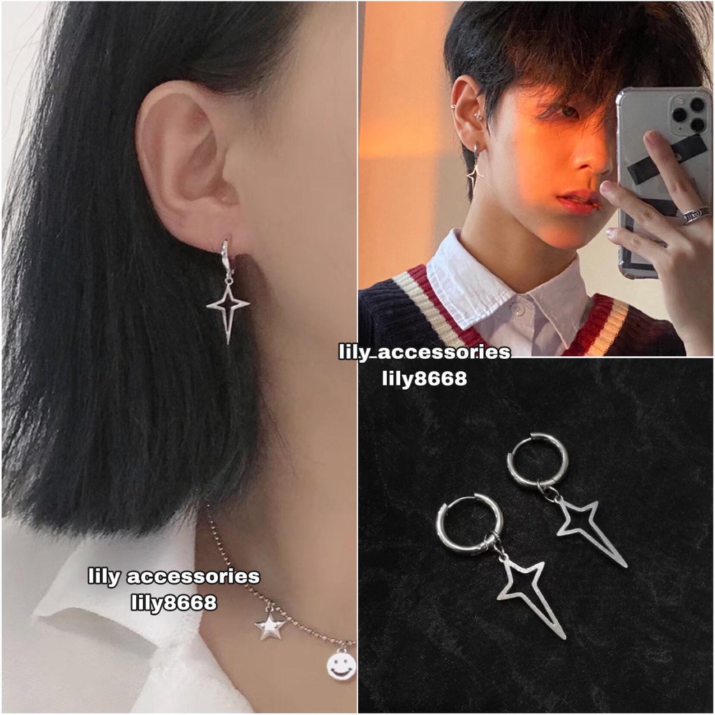 Cross Hoop Earring khuyên tai titan thánh giá sao không gỉ không đen không dị ứng nam nữ Uniex bts