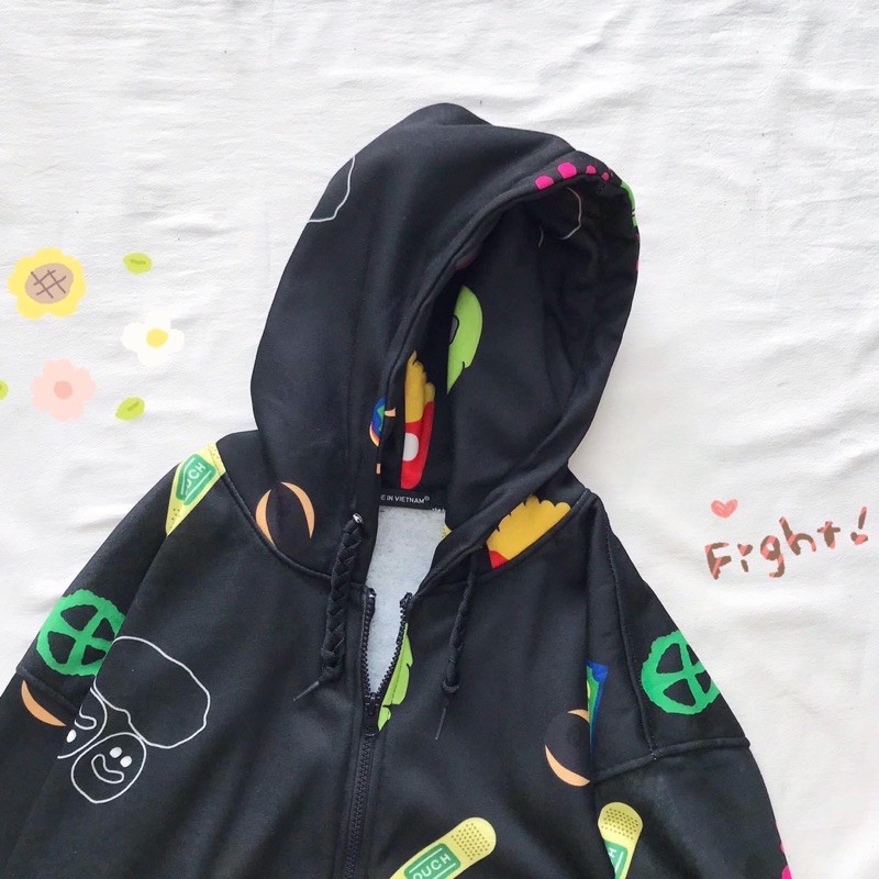 Áo Hoodie Zip Nỉ Bông Hoạ Tiết Ảnh Thật