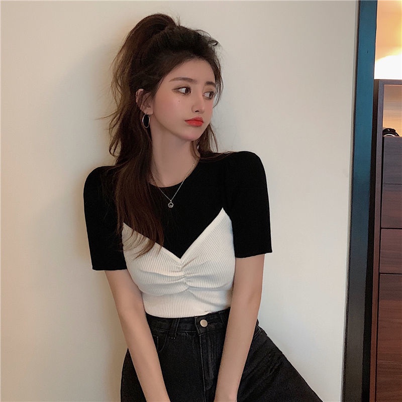 Áo Len Giả Hai Mảnh Tay Ngắn Phong Cách Thanh Lịch Thời Trang Mùa Hè Mới Cho Nữ