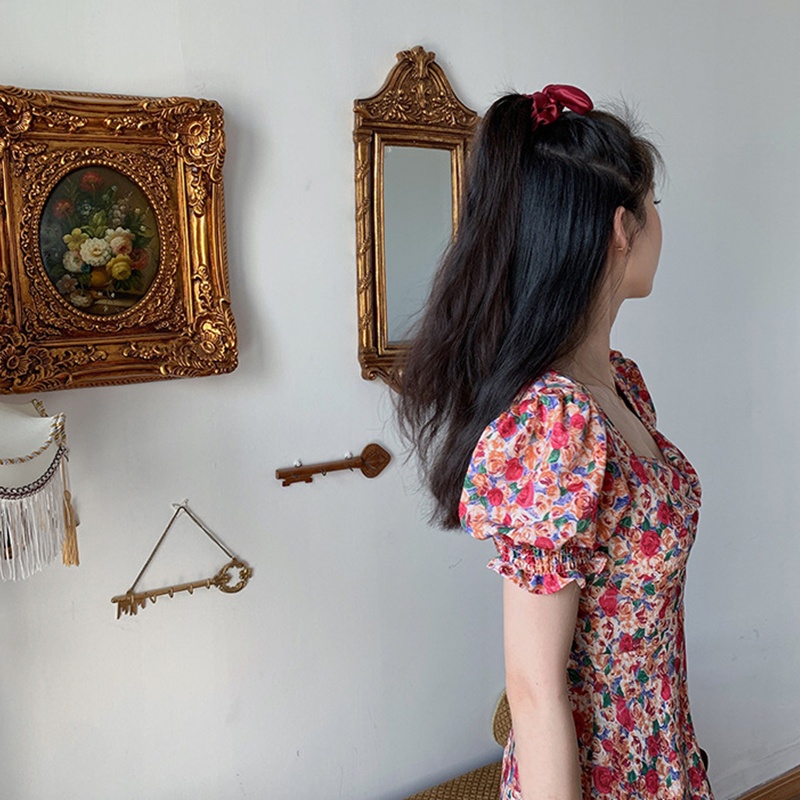 Brroa Đầm Xòe Mini Cổ Vuông Tay Ngắn Phồng In Hoa Kiểu Vintage Pháp Thời Trang Mùa Hè Cho Nữ