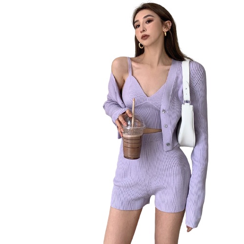 QKOOLE  Áo cardigan Tay Dài + Áo Hai Dây + Quần Ngắn Gợi Cảm Phong Cách Hàn Quốc Cho Nữ（It needs to be ordered separately）