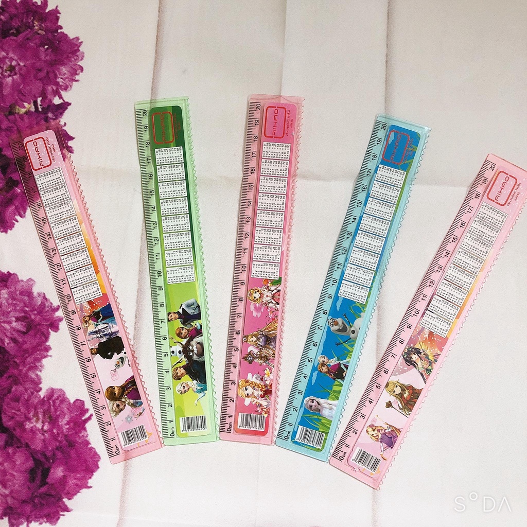 Combo 4 Cây Thước Kẻ Aihao Dài 20cm In Bảng Cửu Chương