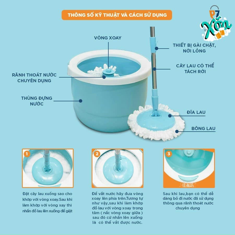 Bộ chổi lau nhà  thông minh Huqopi chính hàng gồm tổng 2 bông lau