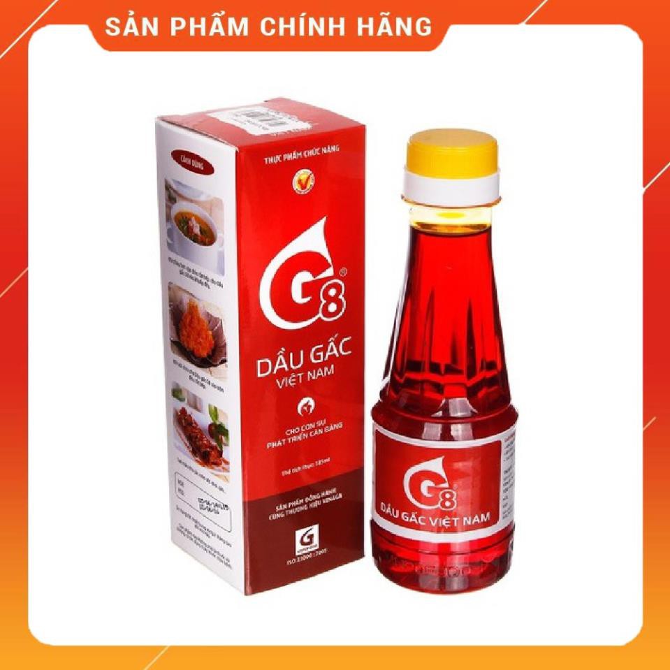 Dầu Gấc G8 Việt Nam 185ml giàu vitamin A, E và các vi chất nên rất tốt cho trẻ trong độ tuổi ăn dặm.