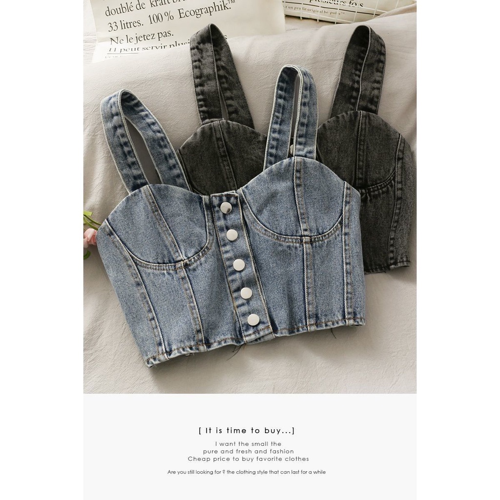 Jiashucheng Áo Denim Hai Dây Ngắn Mỏng Mùa Xuân Thu Xếp Ly Cài Một Hàng Nút Phong Cách Hàn Quốc Mới Cho Nữ