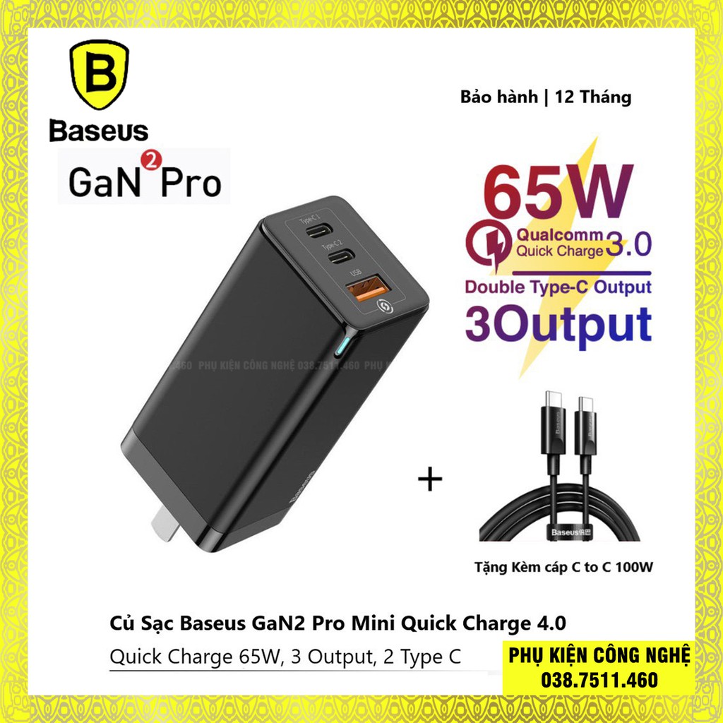 Bộ sạc nhanh đa năng thế hệ mới Baseus GaN Travel Quick Charger 65W cho Smartphone/ Tablet/ iPad/ Macbook/ Laptop