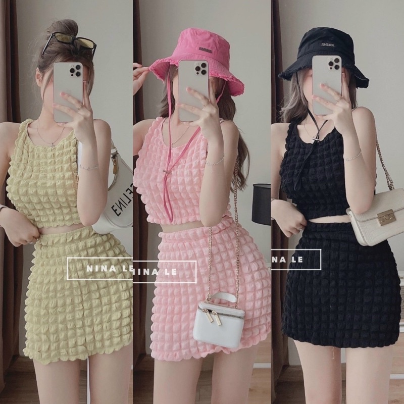 Set Bộ Xốp Áo Croptop Sát Nách Phối Chân Váy Ngắn alohashop91