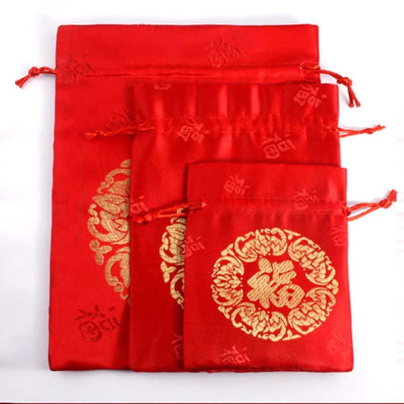 Túi may mắn thêu họa tiết phong cách Trung Hoa cổ điển màu đỏ phối dây rút độc đáo trang trí tiệc cưới/ năm mới