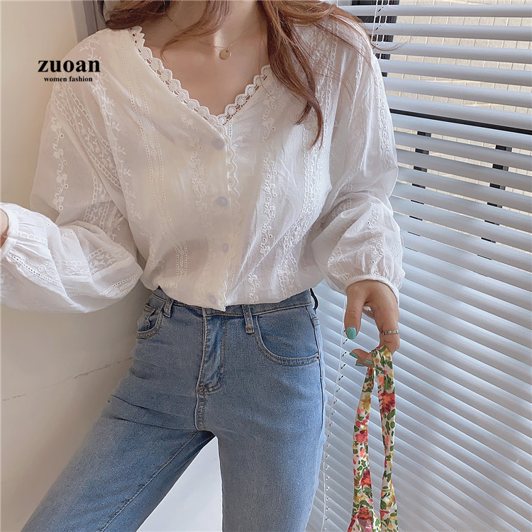 Áo kiểu SUXI dài tay cổ chữ V viền ren thời trang Hàn Quốc đơn giản