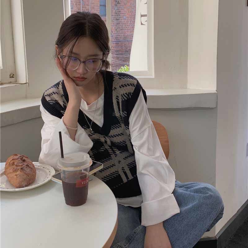 Áo không tay dệt kim dáng rộng cổ chữ V họa tiết kẻ ô thời trang mùa thu dành cho nữ | BigBuy360 - bigbuy360.vn