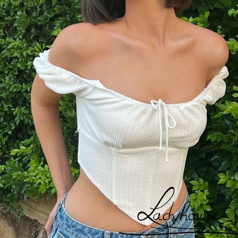 Áo Croptop Trễ Vai Tay Phồng Màu Sắc Đơn Giản Dành Cho Nữ