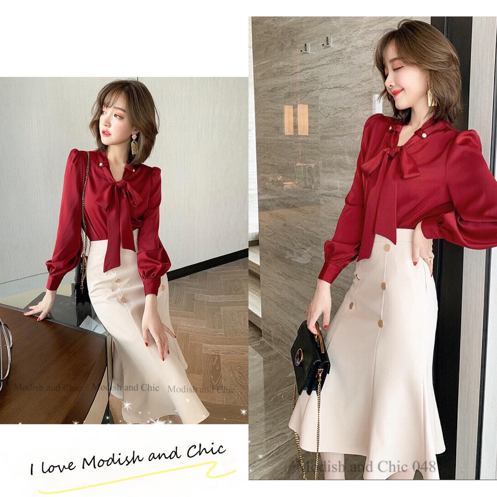 Set bộ nữ công sở Áo sơ mi đỏ, chân váy kem S048 - MC phân phối chính thức ( kèm ảnh thật shop tự chụp)