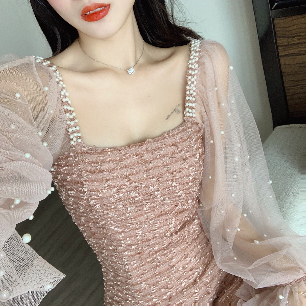 Váy xuông cổ vuông đính ngọc nhân tạo ( đẹp như ngọc trinh ) | BigBuy360 - bigbuy360.vn