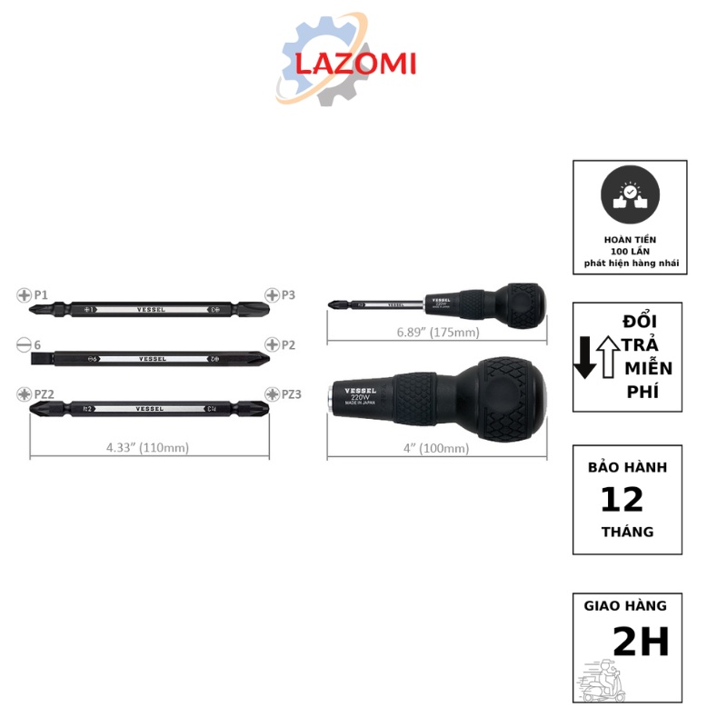 220W-3 Bộ tô vít 2 đầu 6 cỡ vít Vessel ball grip Made in Japan