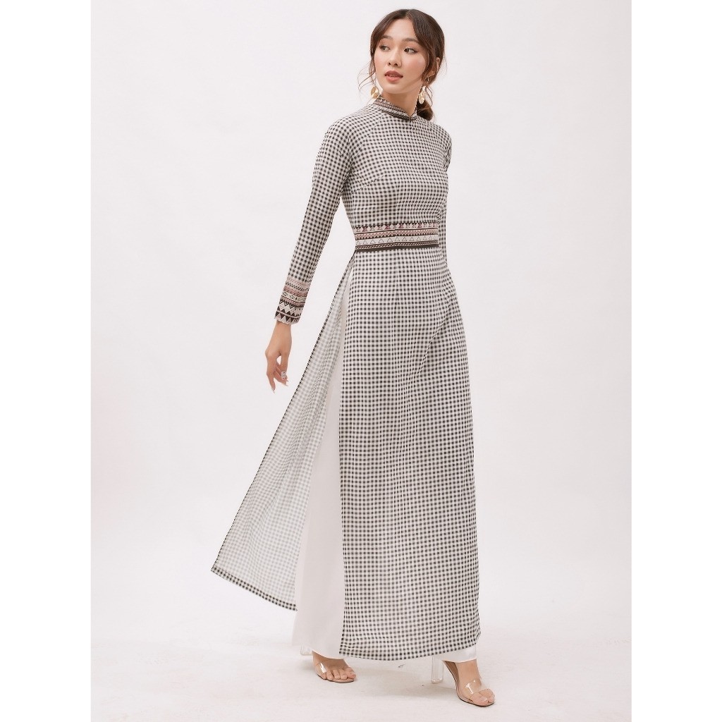 Áo dài truyền thống nữ cổ cao vải lụa hoạ tiết karo phối thổ cẩm màu xám có nhiều size | BigBuy360 - bigbuy360.vn