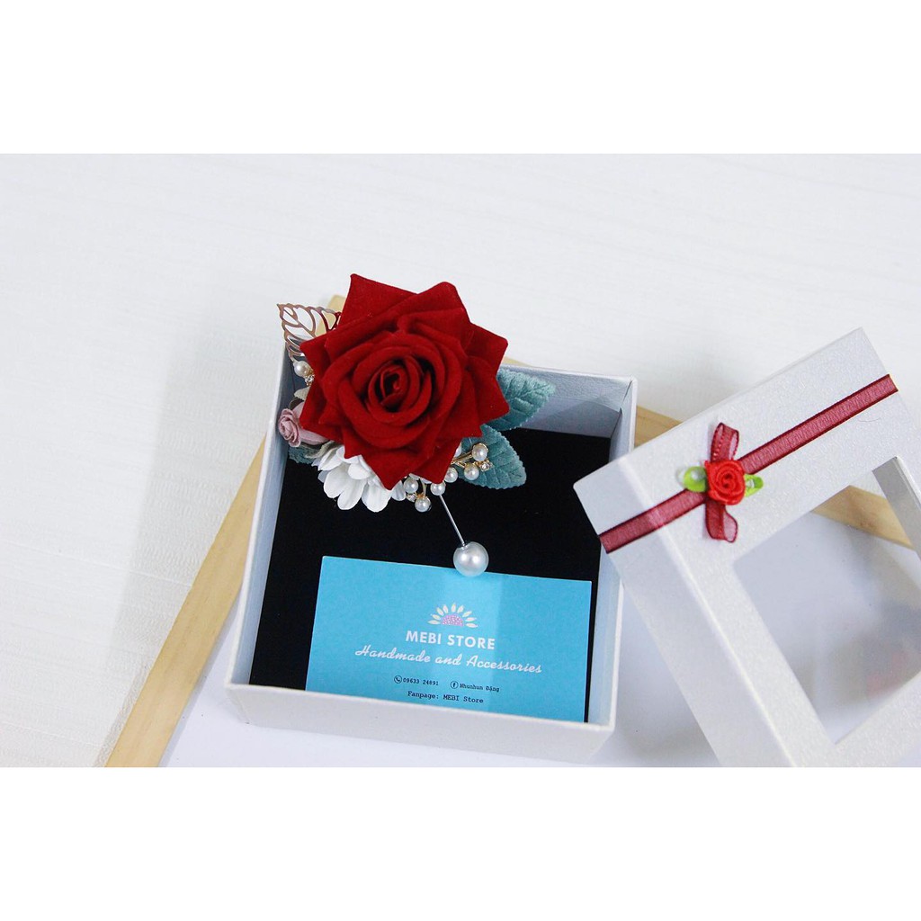 (ảnh thật) hoa cài áo handmade mẫu hồng nhung cánh nhọn dạng chùm cao cấp (No box)