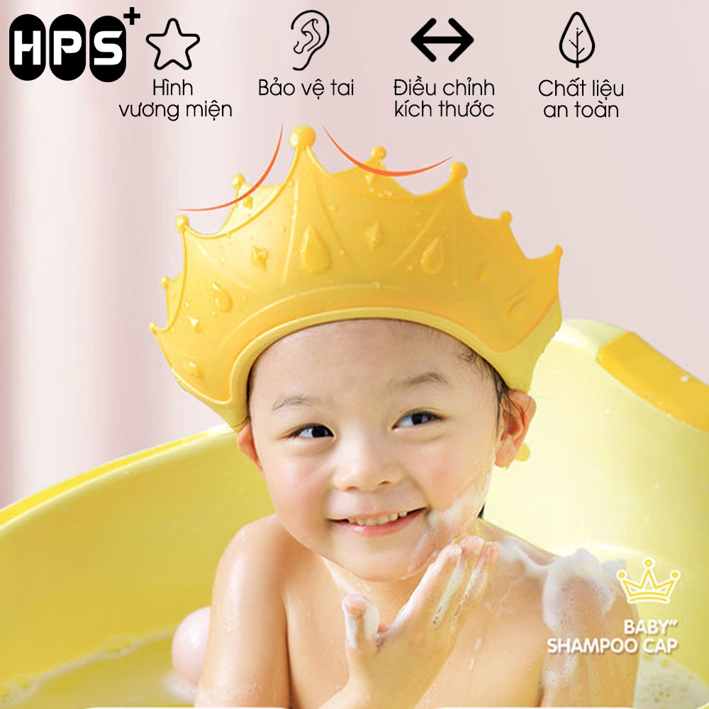 Mũ gội đầu chắn nước bảo vệ tai và mắt hình vương miện, nón tắm có thể điều chỉnh vòng đầu, chất liệu PP + TPE cao cấp