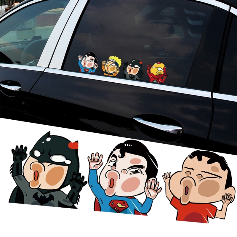 Funny Cartoon Marvel Avengers Super Hero Car Sticker  Superman Spiderman Hit The Window Decal